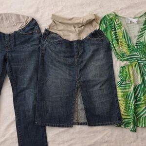Maternity Bundle Size M/L – Stretch Denim Skirts + Green Wrap Dress (3 Pieces)